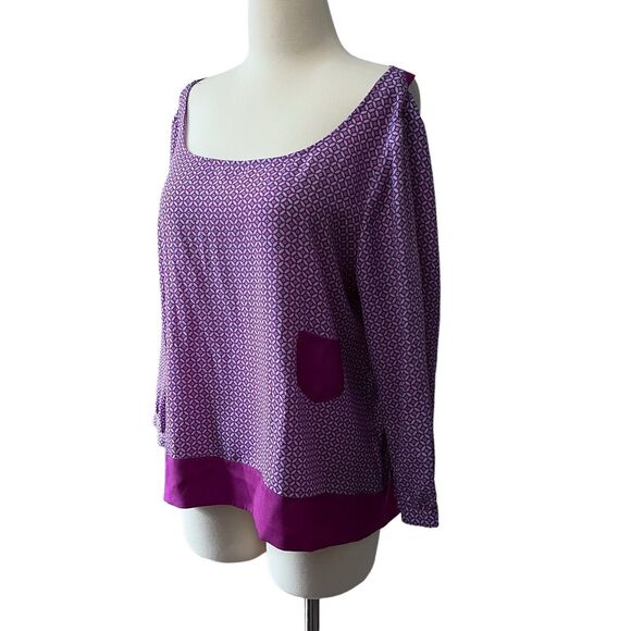 BCBGeneration Women Purple Long Mosaic Title Sleeve Blouse L Cross Back - Picture 1 of 8